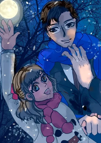 月夜の灯と二人の影