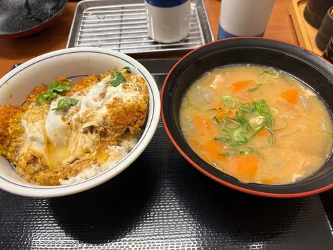 揚げとろみの丼と味噌汁の彩