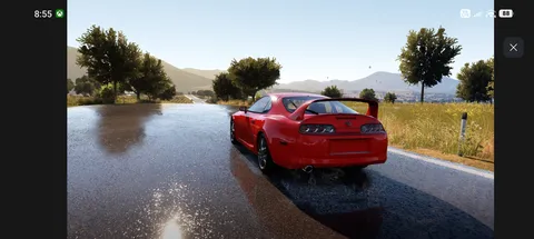 濡れた道に映える赤いスポーツカー