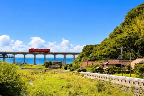 青い海と空、赤いきれいな列車