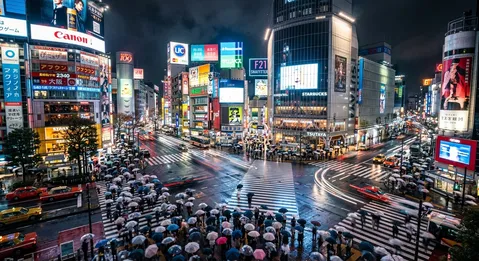 雨粒きらめく、渋谷スクランブル交差点