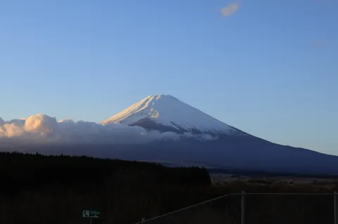 雪化粧の富士山、雲海に浮かぶ姿