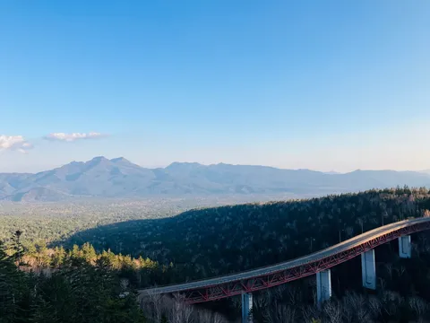 青空と、森を渡る朱色の橋