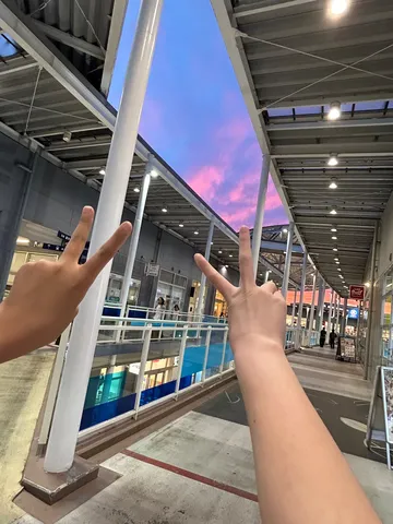 二人のピースと夕焼け空