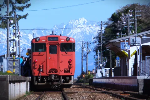 ドヤ顔で登場！雪山バックの赤い電車