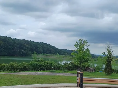 静寂の湖畔、木々の緑と曇り空