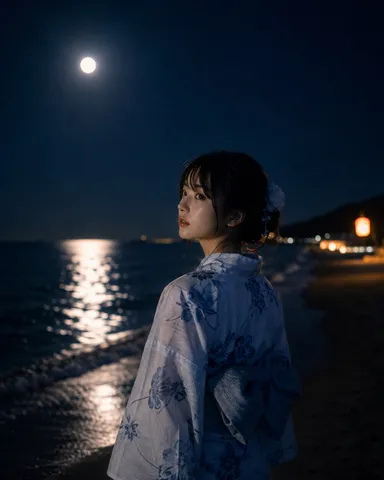 月夜の浜辺、浴衣の横顔