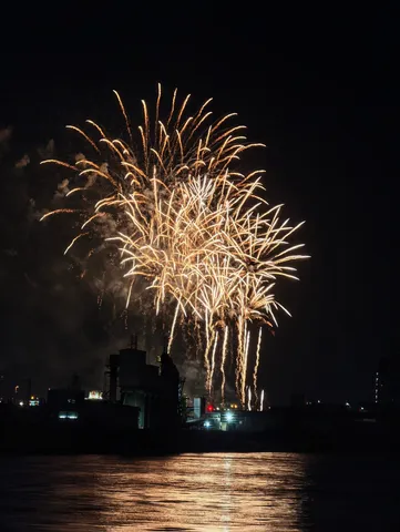 夜空と水面に咲く黄金の花