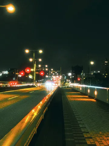 夜の高速道路、流れる光の道