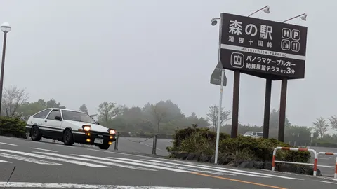 霧の山道に灯る名車