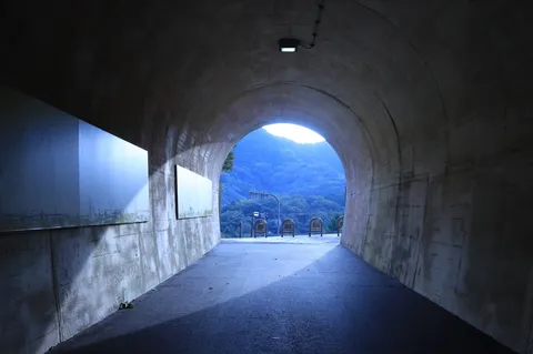 トンネルの向こうに山影
