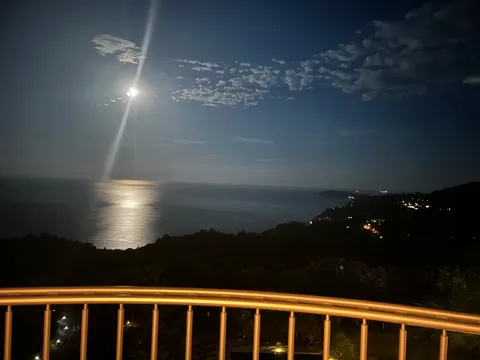 月明かりの海辺に灯る街の光