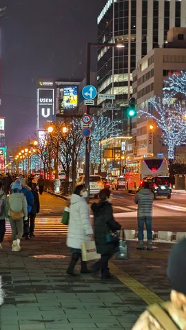 雪降る夜、街灯と光の灯る街