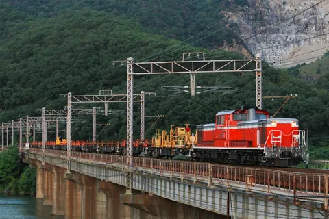 山間の鉄橋を渡る貨物列車
