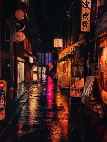 光が踊る雨上がりの夜路地