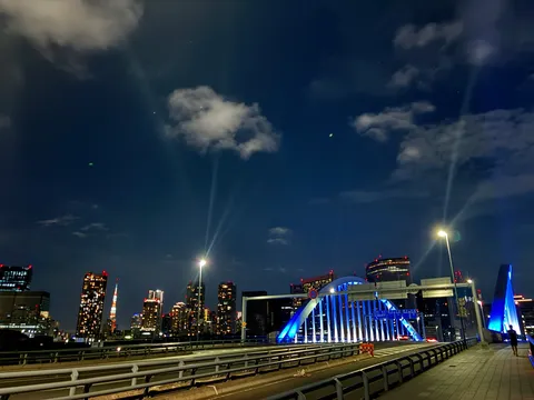 青く輝く橋と都会の夜景
