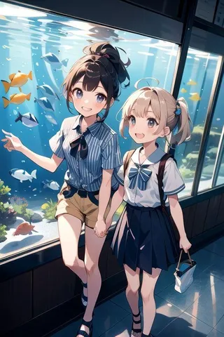 水族館デート、姉妹かな？