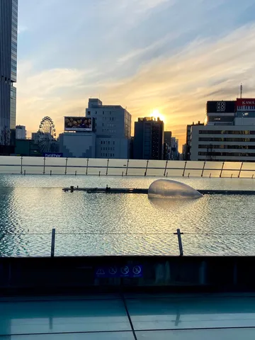 夕暮れ、半球が浮く街