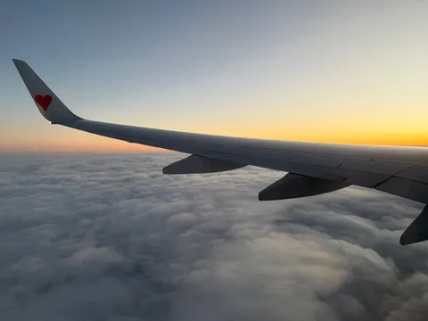 翼の先に広がる空と雲