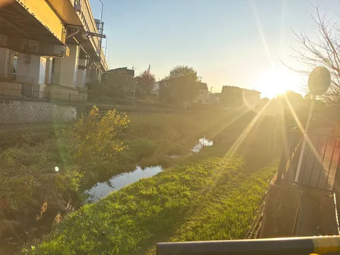 夕日に染まる水路の輝き