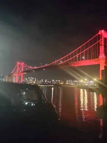 港町の夜景に浮かぶ赤い橋
