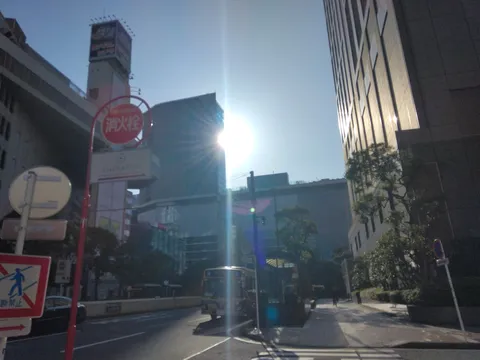 都会の光と影、バスが走る