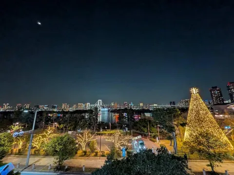 きらめく夜景とクリスマスツリー