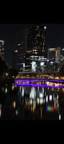 夜景の水面に光る橋影