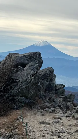 岩の向こうに佇む、雪化粧の富士