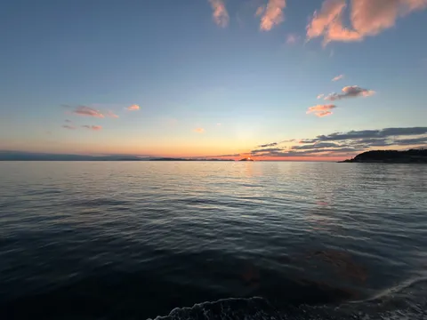 水平線に沈む夕日と波