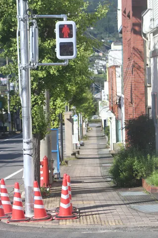 街路の赤い合図とコーンの群れ