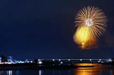 川辺の夜景と二連の花火