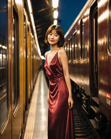 夜の駅、艶やかなドレスのポートレート