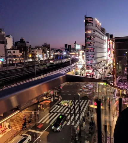 都会の夜景と交差する光の道