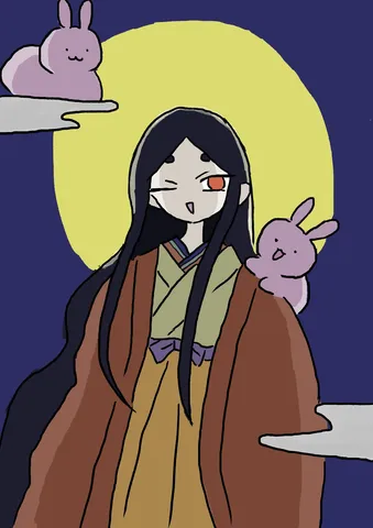 月夜の和装とウサギたち