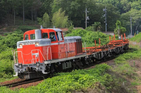 山肌を走る、鮮やかな機関車