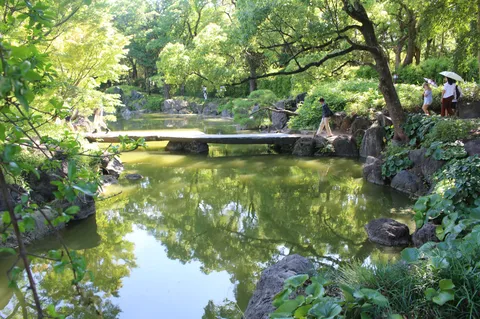 緑映る池と石橋の静寂