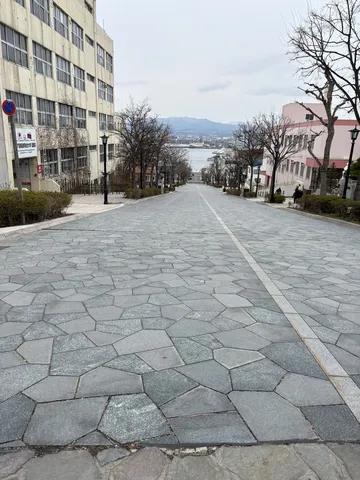 坂道と海、遠い山並み