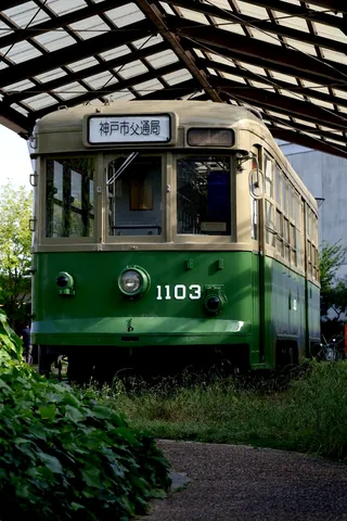 緑に佇む、神戸のレトロ電車