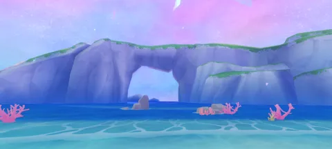 虹色の海と穴のある風景
