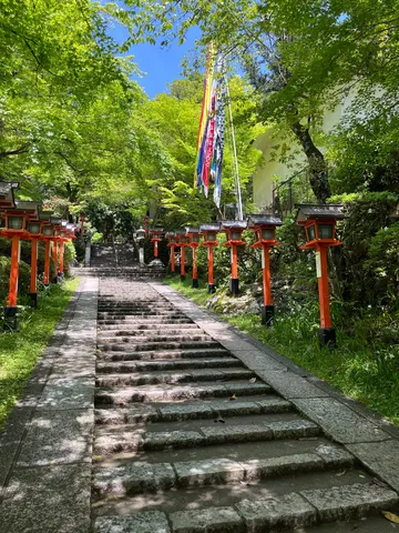 新緑と朱色の灯篭が誘う道