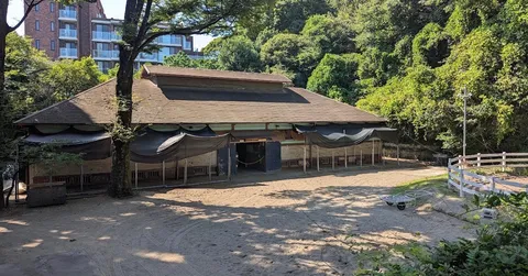 古びた厩舎と緑のコントラスト