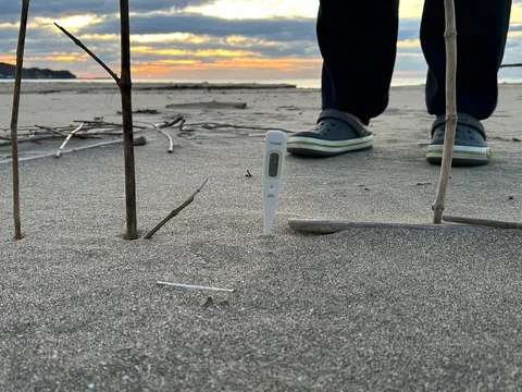 砂浜に立つ体温計、海辺の記録