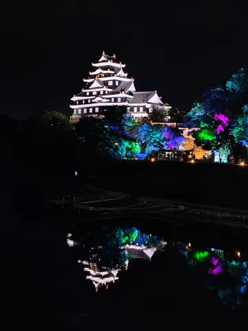 幻想的な光と影の城、水面に映る美しさ