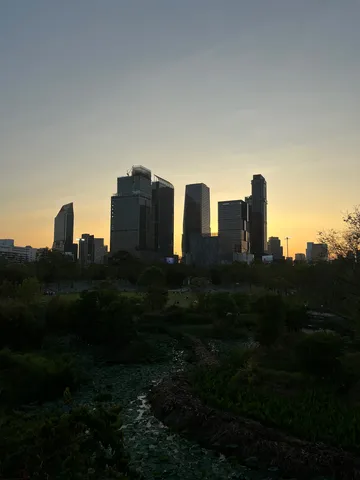 夕暮れの都会と水辺の静寂