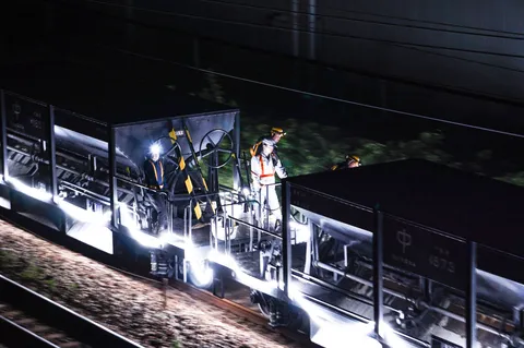 夜の線路、作業員の光
