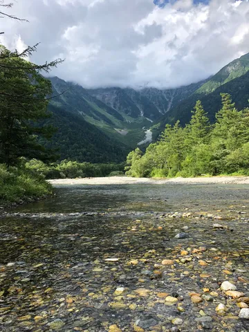 石の川と緑の山並み