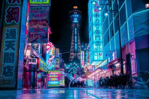雨にきらめくネオン街
