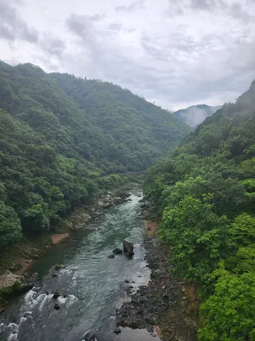 深緑の渓谷、静かな流れ