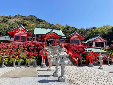 深緑に映える、朱色の社